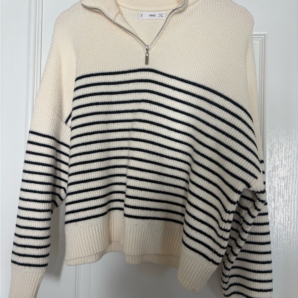 Mango Cream and Black Striped quarter zip Sweater